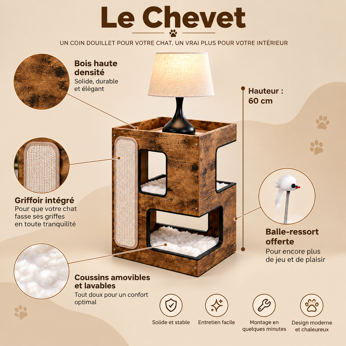 Le Chevet – Arbre à chat design en bois avec niche douillette