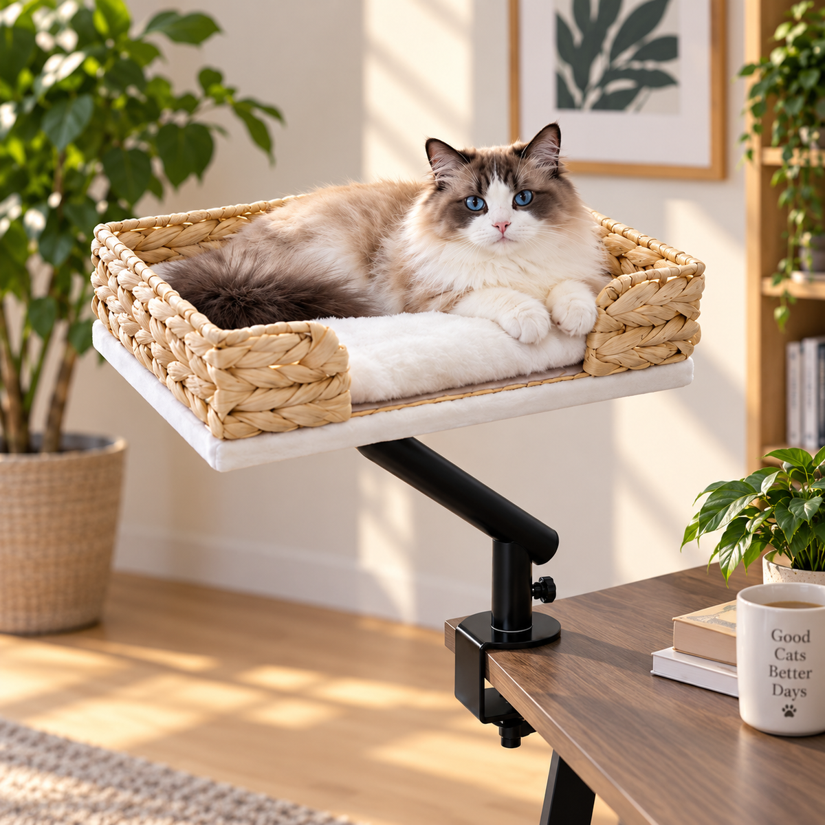 Le Compagnon – Lit pour chat fixé au bureau, rotatif à 360°