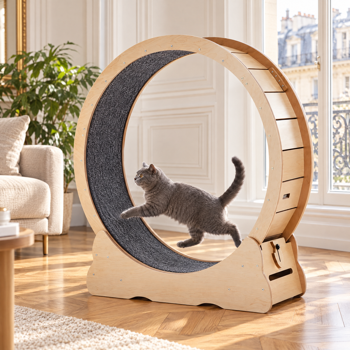 Chat gris courant dans La Ronde d'Ernest dans un appartement haussmannien