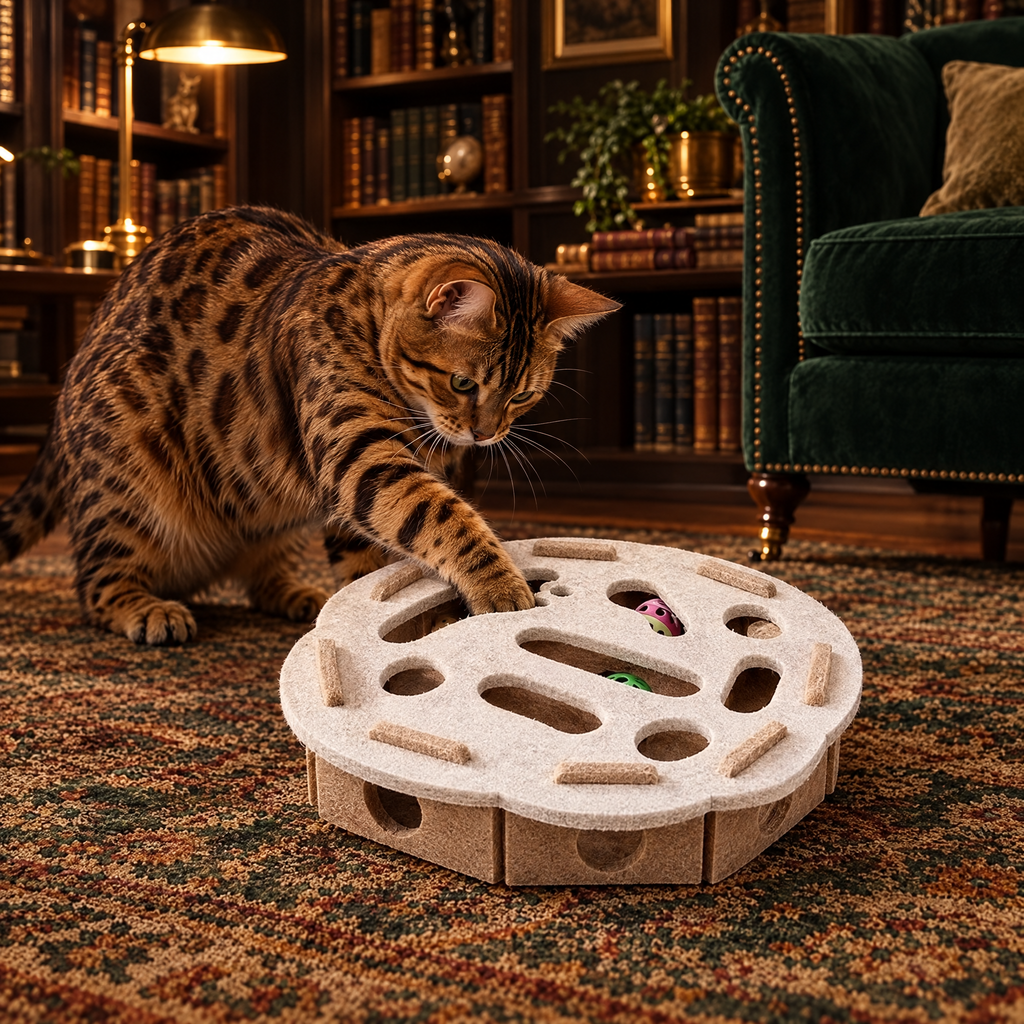Chat Bengal chassant une balle dans La Boîte à Malice dans une bibliothèque élégante