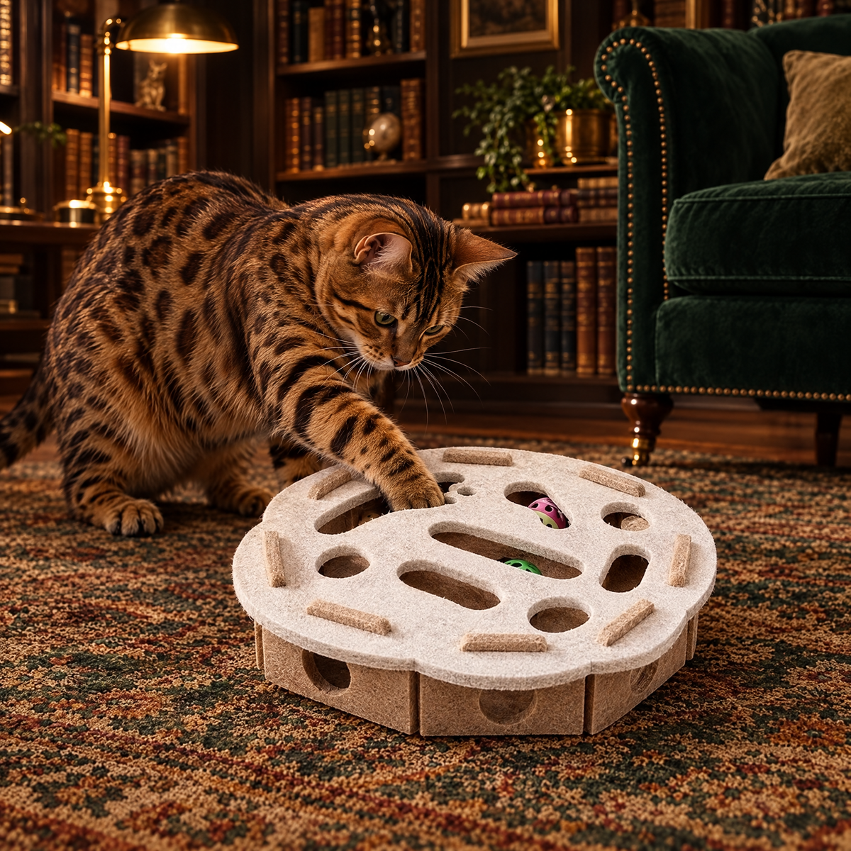 Chat Bengal chassant une balle dans La Boîte à Malice dans une bibliothèque élégante
