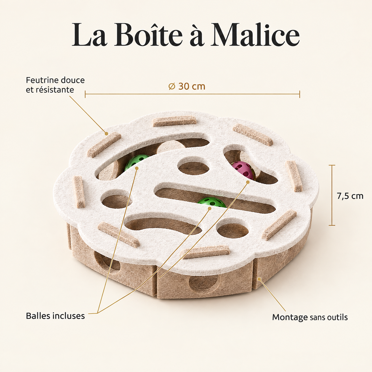 Caractéristiques de La Boîte à Malice : Ø 30 cm, hauteur 7,5 cm, feutrine douce et résistante, balles incluses, montage sans outils