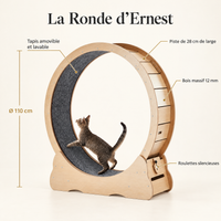 Caractéristiques de La Ronde d'Ernest : diamètre 110 cm, piste de 28 cm, bois massif 12 mm, roulettes silencieuses, tapis amovible