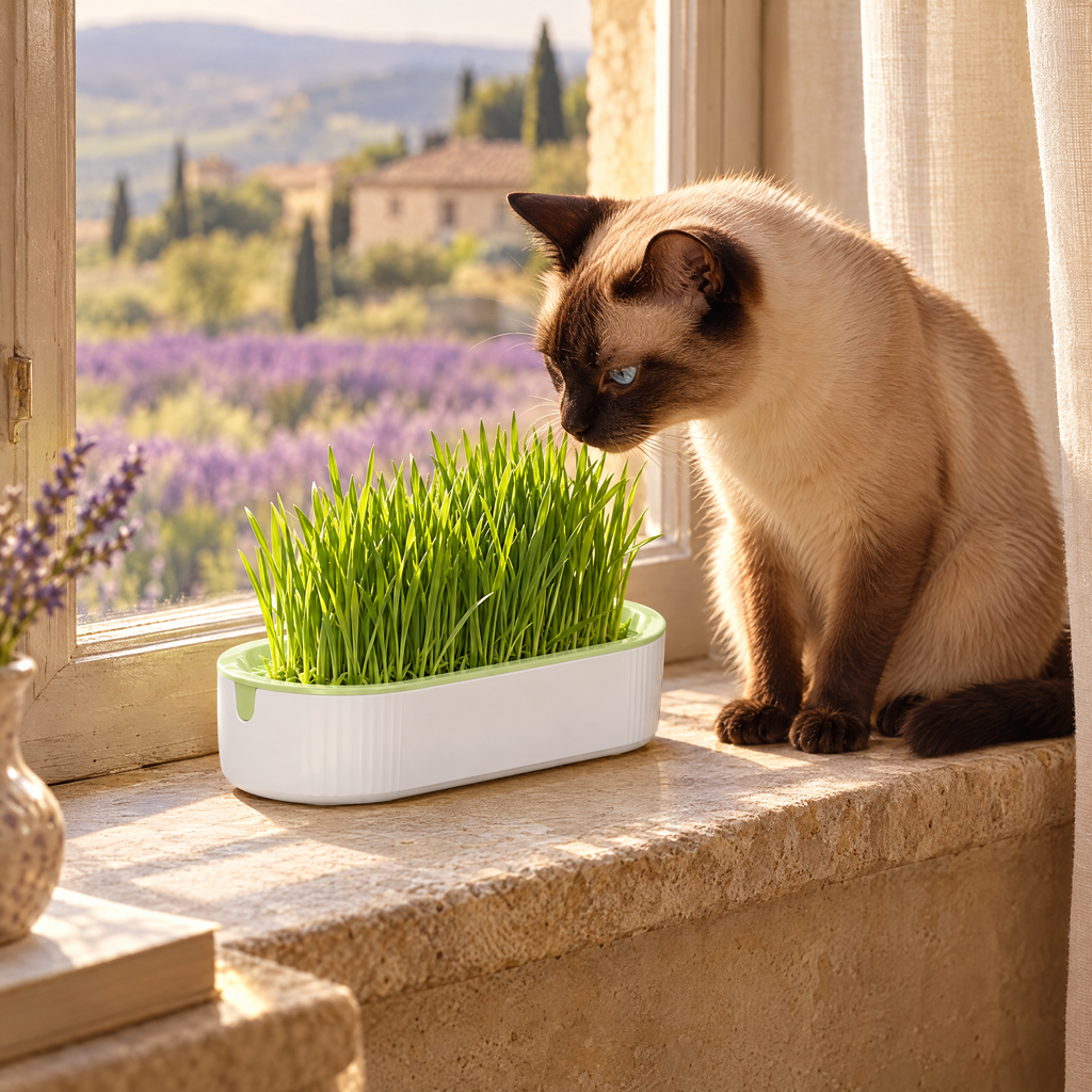 Chat siamois près du Jardin d'Oscar sur un rebord de fenêtre en pierre