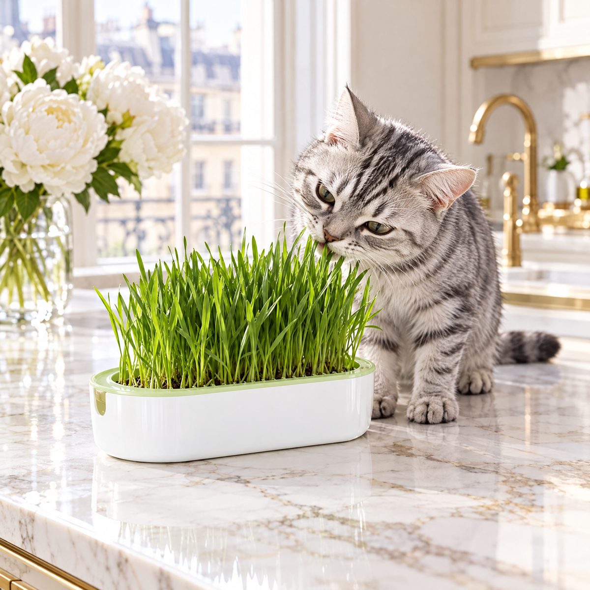Chat tigré grignotant l'herbe fraîche du Jardin d'Oscar sur un plan de travail en marbre