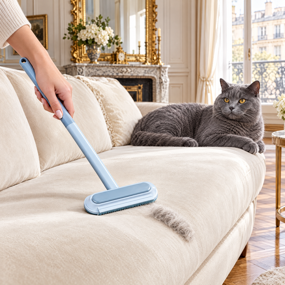 Le Majordome retirant les poils de chat d'un canapé en velours dans un salon parisien