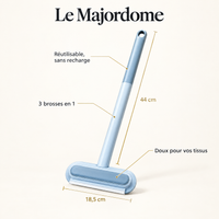 Caractéristiques du Majordome : largeur 18,5 cm, manche 44 cm, 3 brosses en 1, réutilisable sans recharge, doux pour vos tissus