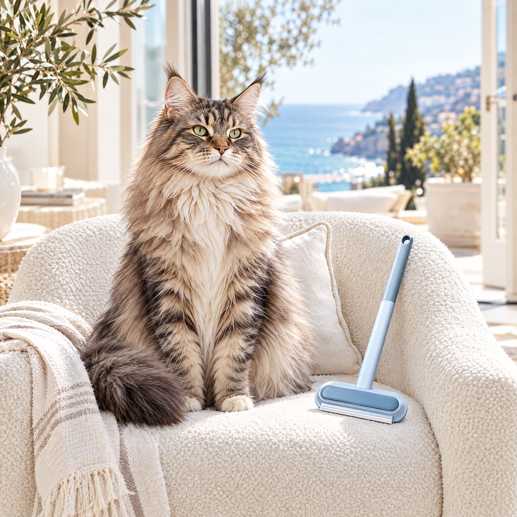 Chat Maine Coon à côté du Majordome dans une villa lumineuse face à la mer
