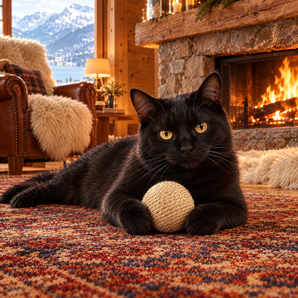 Chat noir tenant La Pelote devant une cheminée dans un chalet alpin