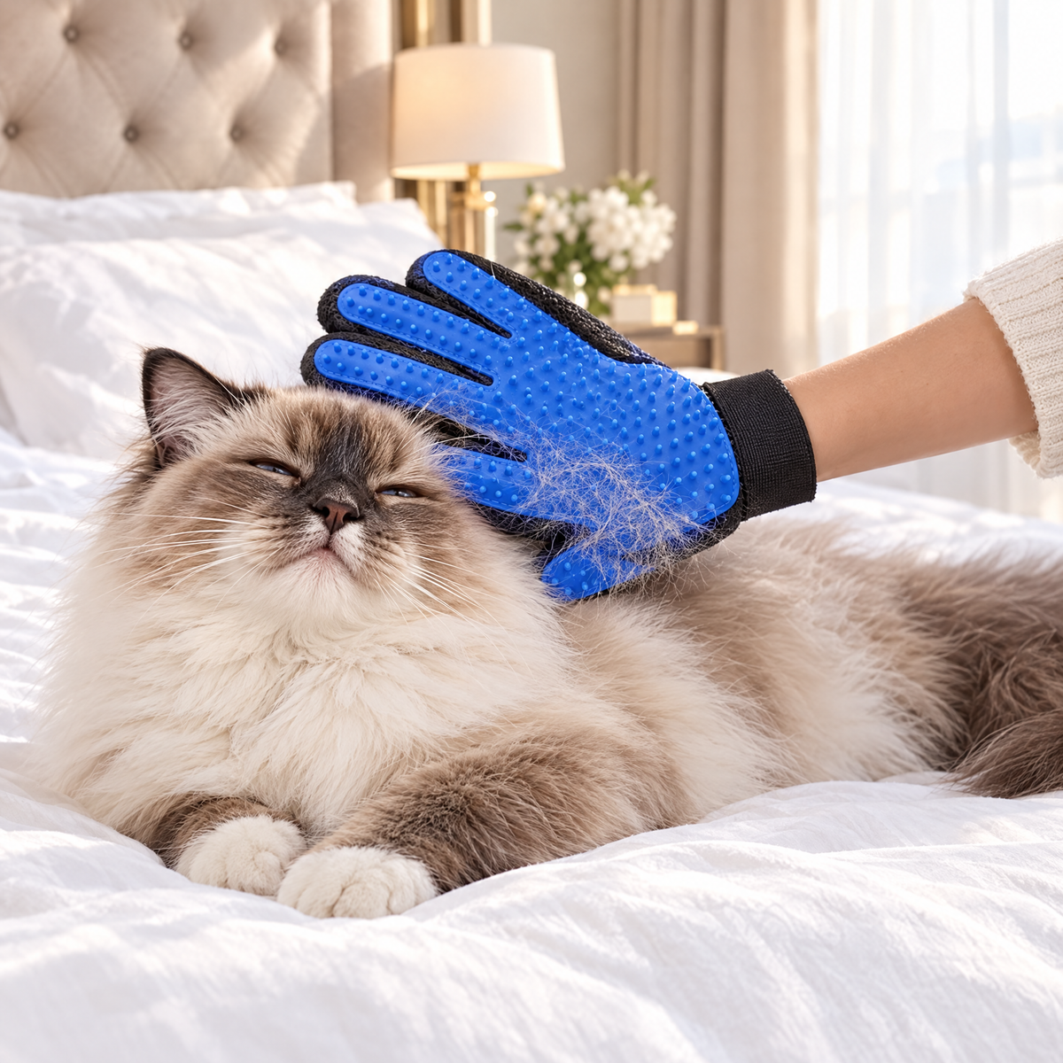 Main portant La Caresse et caressant un chat Ragdoll détendu sur un lit
