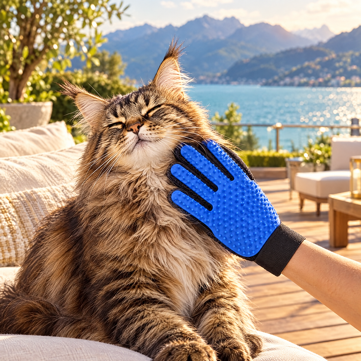 Brossage d'un chat Maine Coon avec La Caresse sur la terrasse d'une villa au bord du lac d'Annecy