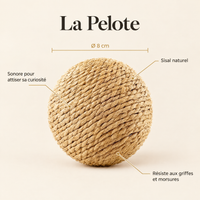 Caractéristiques de La Pelote : Ø 8 cm, sisal naturel, sonore, résiste aux griffes et morsures
