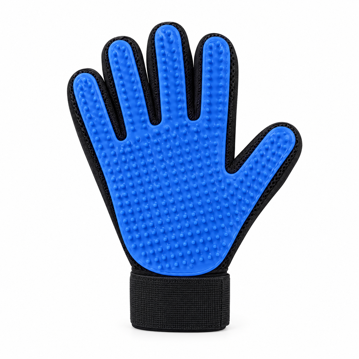 La Caresse, gant de toilettage en silicone bleu azur pour chat, sur fond blanc