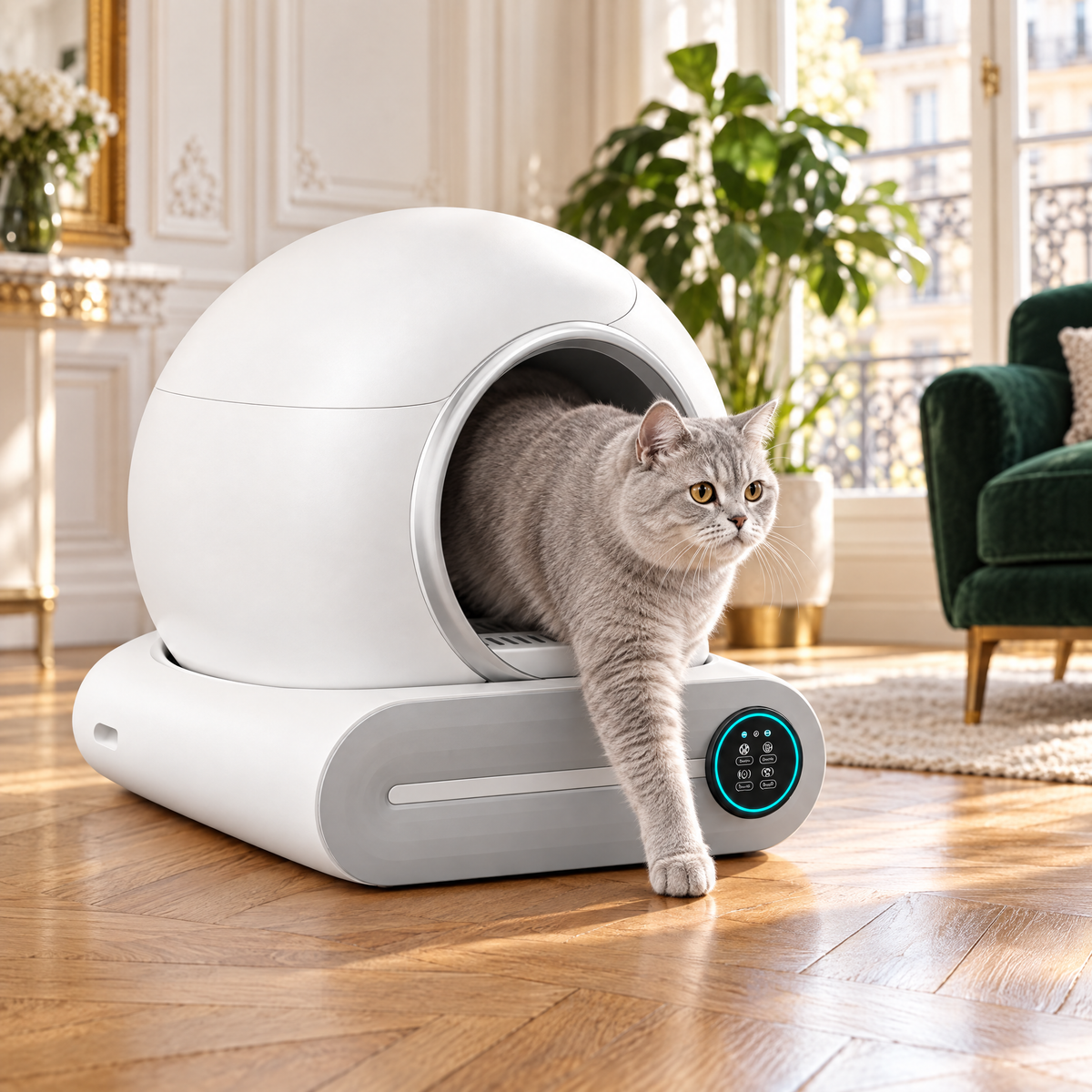 Chat sortant de la litière autonettoyante La Conciergerie dans un appartement haussmannien